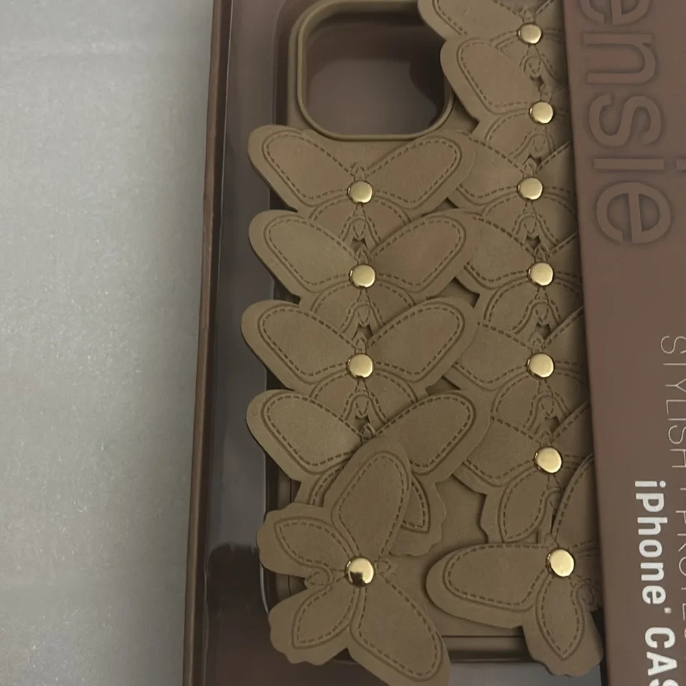 Kensie Brown Leather iPhone Case Butterfly Accents iPhone 13/14/15 Xmas Gift NEW